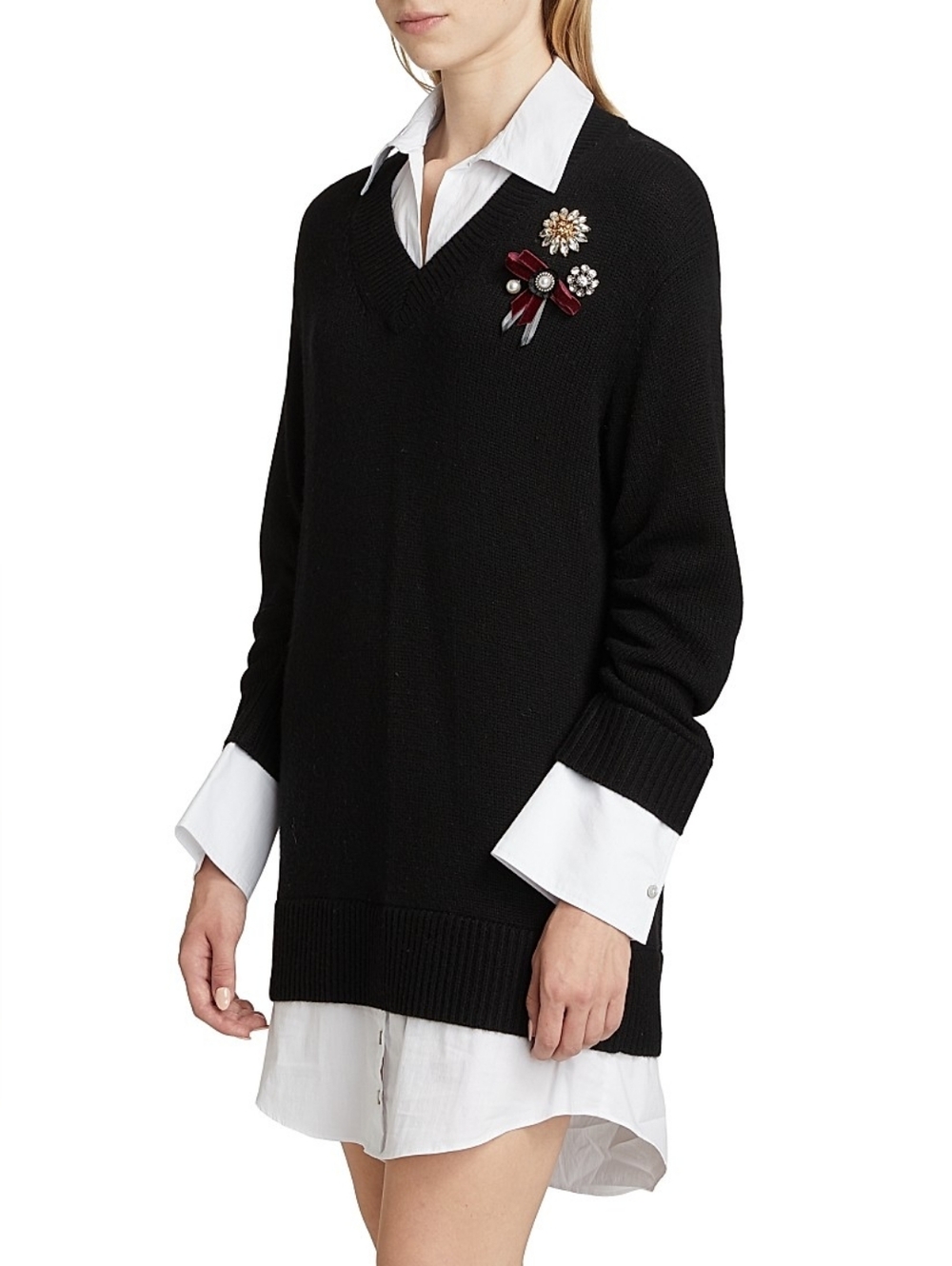 Cinq à Sept Santina Brooc V-Neck Sweater with Decorative Jewel Pins Size Small